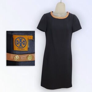 Tory Burch Navy Blue Shift Dress Tan Collar Gold Buttons Size 2 Classic Nautical